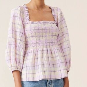 Ganni Smocked Seersucker Plaid Shirt Sz. 38